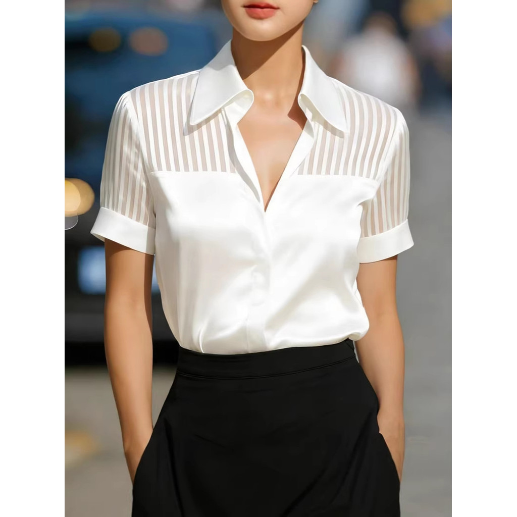 Blus satin lengan pendek wanita baru