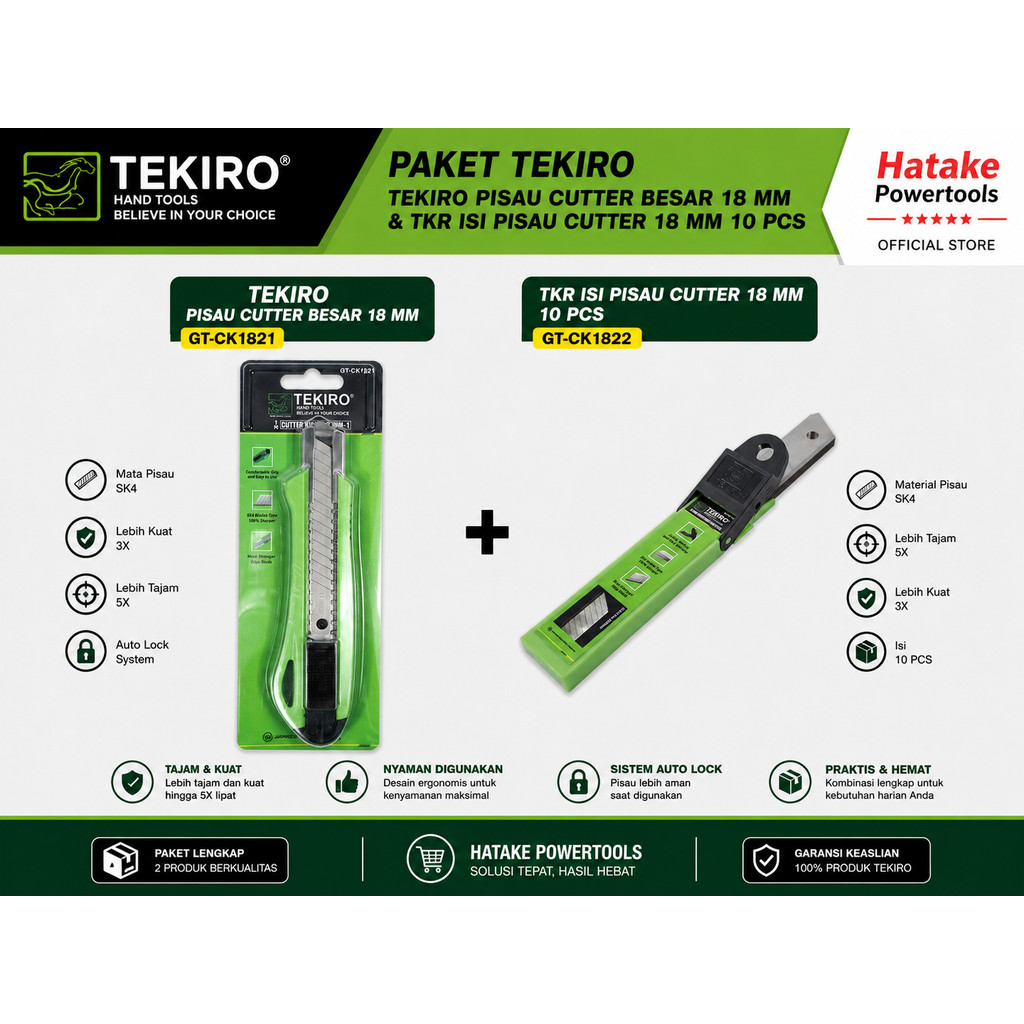 Paket Tekiro Cutter Besar 18mm + Isi Pisau Cutter 18mm 10 PCS Original | Cutter Heavy Duty Tajam