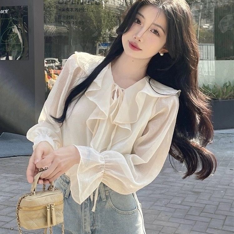 Kemeja sifon lengan panjang untuk wanita, blus manis dan longgar dengan hiasan ruffle.