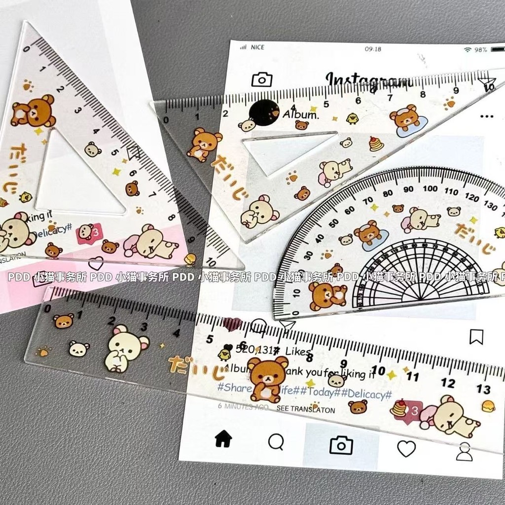 

4pcs Rilakkuma Triangle Ruler Protractor Set Kawaii Relax Bear School Stationery Student Maths Geometry Drafting Supplies Gift