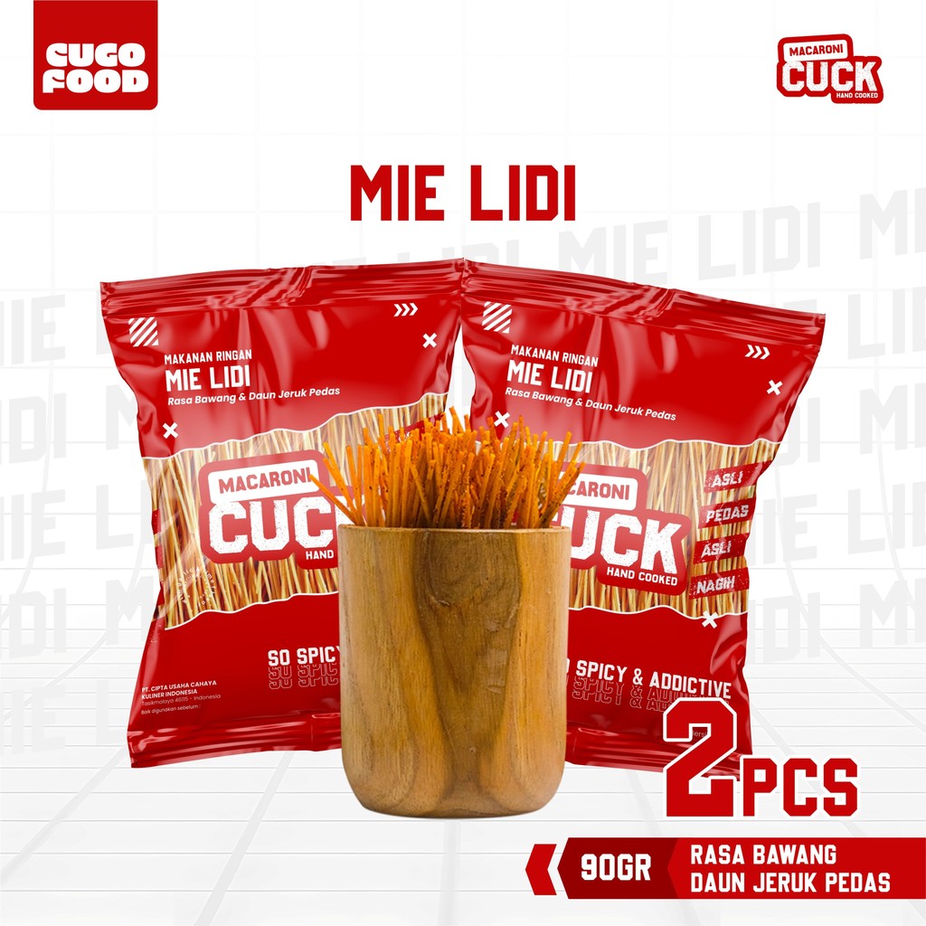 

Macaroni Cuck Mie Lidi Pedas Daun Jeruk 2 pcs x 80 Gram Kemasan Reguler Macaroni Cuck Snack Cemilan Asin Makanan Keripik Camilan Pedas