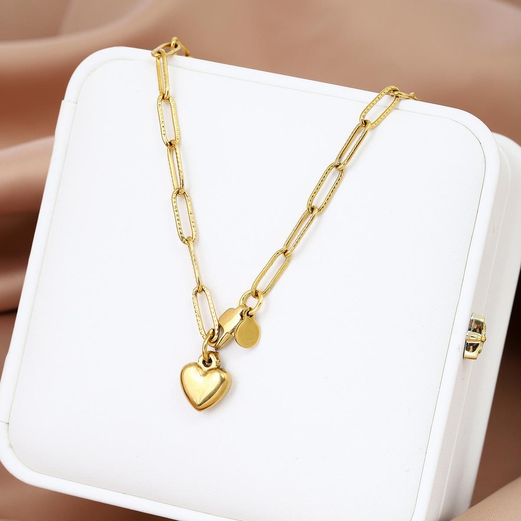 Kalung Titanium Wanita Paperclip Hati Capit Lobster - Karmel Titanium