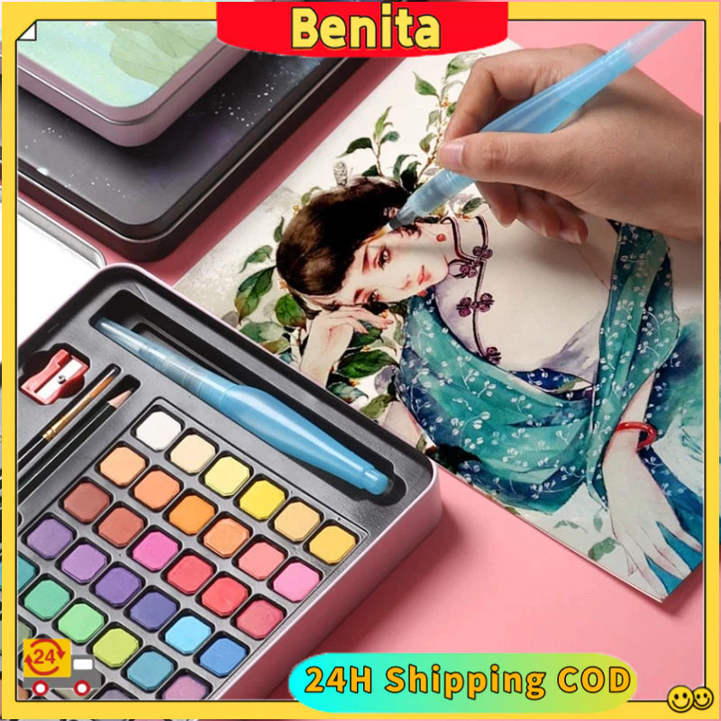

New 【24H COD】48Water Color Set Watercolor Paint Set- Alat Cat Air Set (Termasuk Kuas dan Kertas Gambaran)Premium