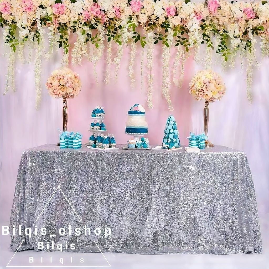 Cover Meja Pesta Kain Sequin Silver Bisa Request Ukuran Cover Meja Premium