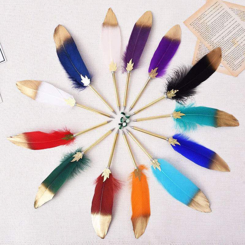 1 Pcs Feather ballpoint pen Creative spray gold feather pen ball Metal signature pen Brush  gift Wed