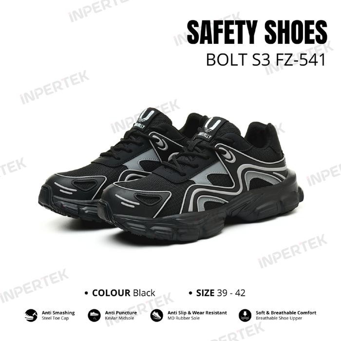 Sepatu Safety BOLT S3 Black Shoes Low Model Stylish Sport Sneakers Kerja Proyek Industri Pria Wanita