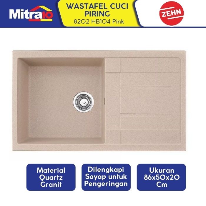 Wastafel Granite Zehn+ 1 Kolom Pink 86x50x20cm 8202 HB104 - Granite Sink Pink