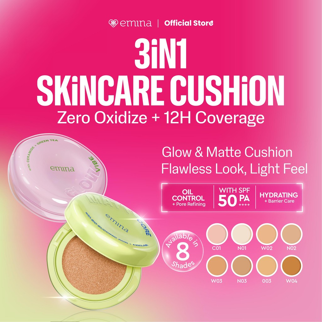 NEW Emina Glow & Matte 3in1 Skincare Cushion SPF 50 PA++++ 13 G | Flawless Lightweight Make Up Found
