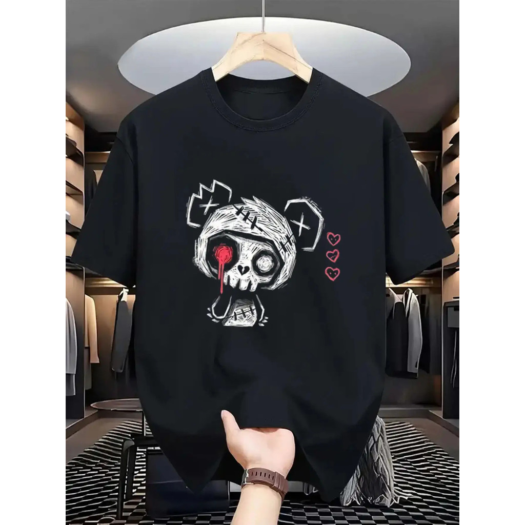 1pc Kaos Grafis Pria Gothic Panda Skull & Hati Berdarah Bermata Merah - Kaos Leher Bulat Kasual Bera