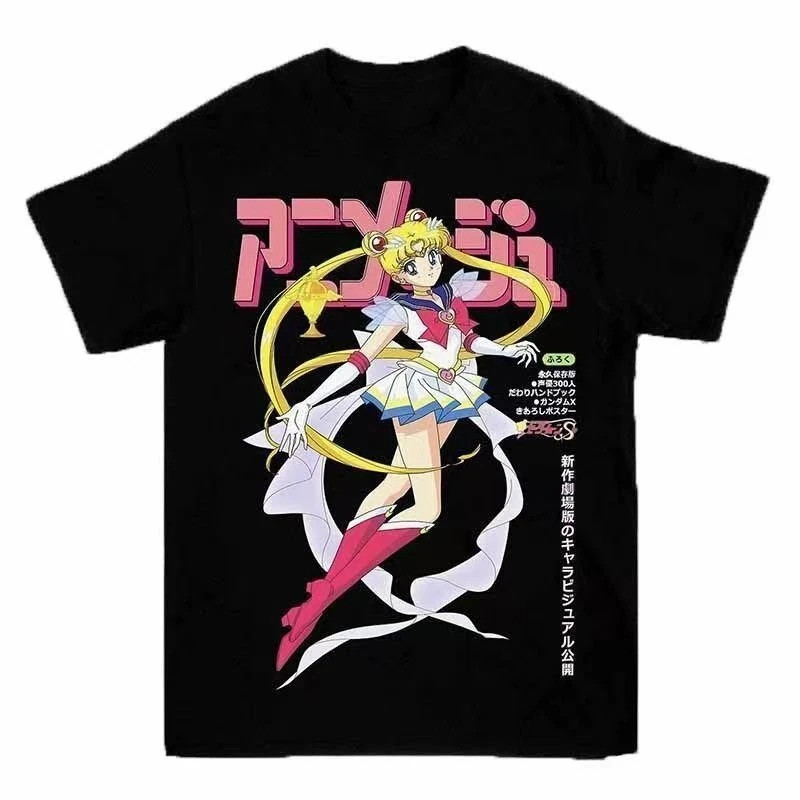 kasual Kaos Sailor Moon Wanita Hitam Lengan Pendek 2025 Desain Baru Sense Ins Longgar Kartun pada Pa