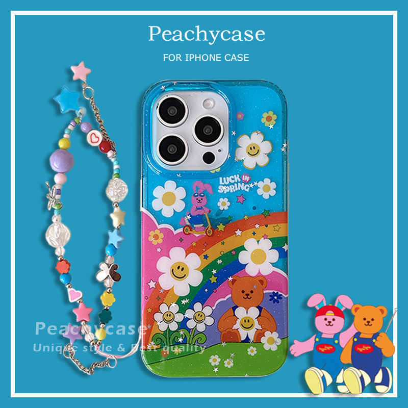 Glitter Kawaii Wiggle Rainbow Bear Sunflower Phone Case Kompatibel untuk iPhone 16 15 14 13 Pro Max 
