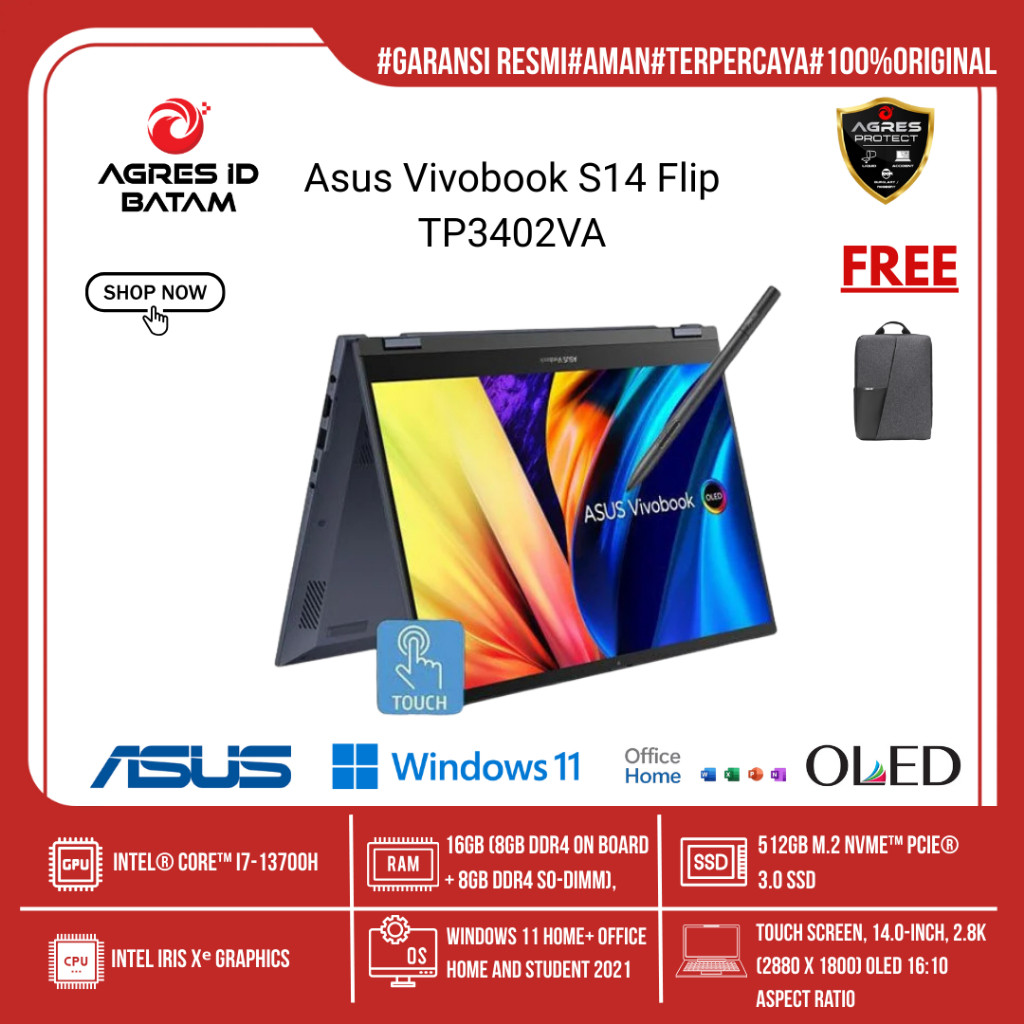 ASUS VIVOBOOK S14 FLIP OLED TP3402VA | Intel Core i7-13700H • 16GB • 512GB SSD • Windows 11 + OHS • 