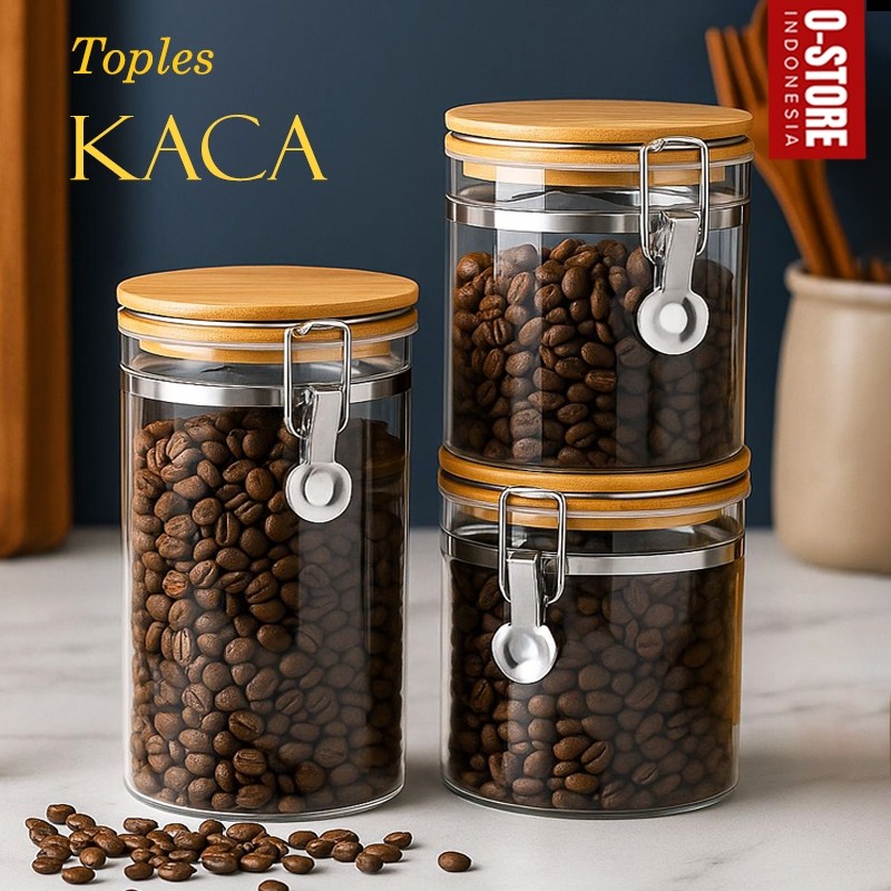 Toples Kedap Udara Toples Kaca Dan Tutup Kayu Dan Seal Toples Kopi Gula Teh Coffee Canister Glass St