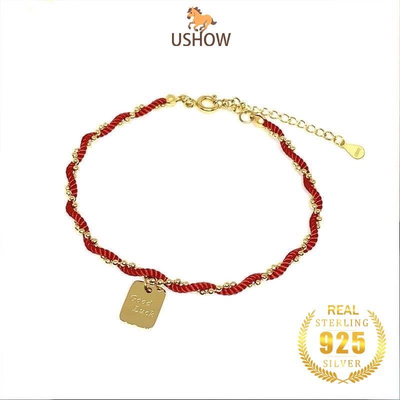USHOW Gelang Tali Merah Dengan Liontin Persegi Emas 18K Untuk Wanita Fashion