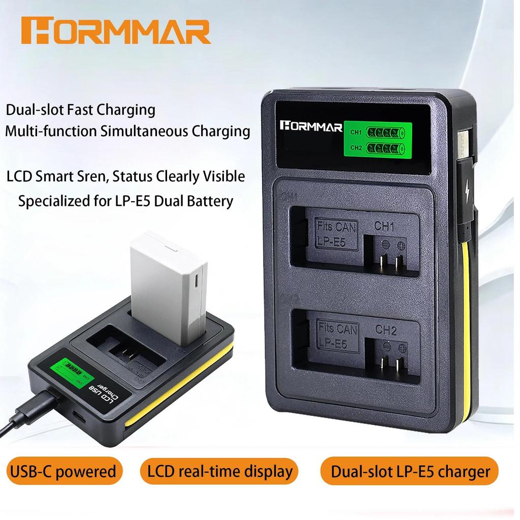 Dual Slot LP-E5 Battery Charger LCD Screen USB-C Fast Charging Portable Camera Charger For Canon 450