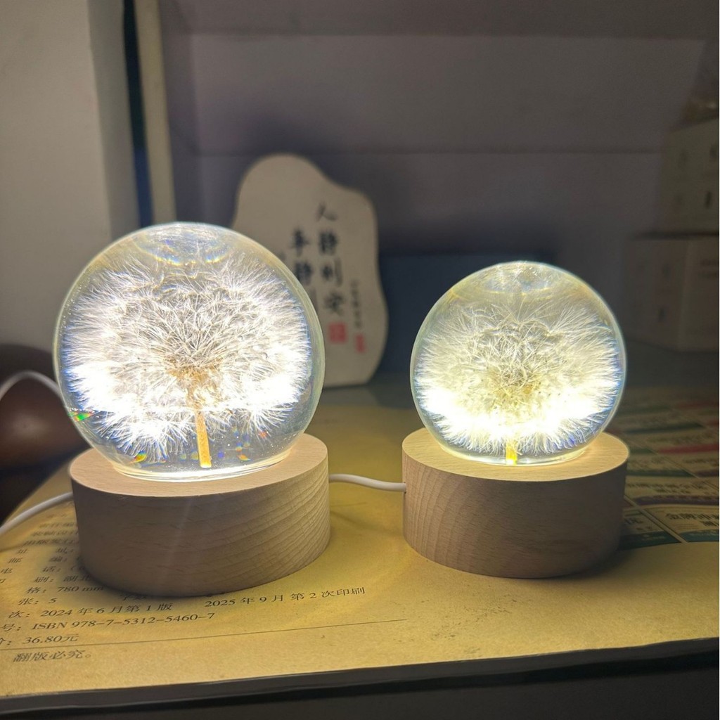 Lampu Tidur Dandelion Kristal - USB 5V - Kamar Tidur Meja Kantor - Lampu Resin dengan Bunga Kering -