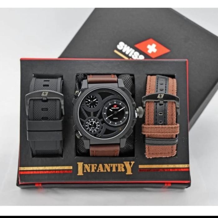 Jam Tangan Pria Swiss Army Infanty Paket Free 2 Tali Kanvas Kulit Watches - HITAM Terlaris