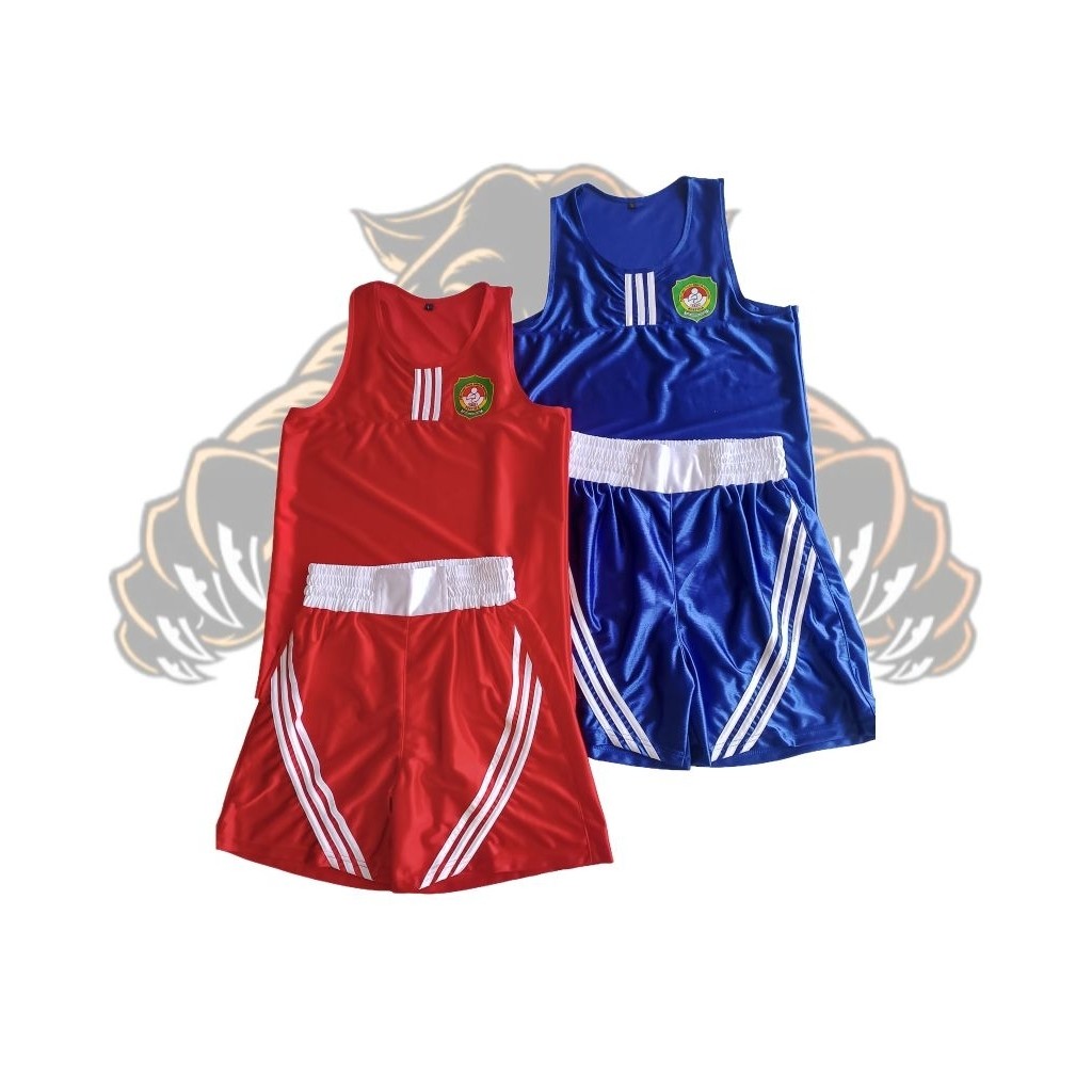 RUBANGRAU   Baju Tanding Tinju Model Strip Tiga Setelan Baju Tanding Boxing Warna Merah dan Biru