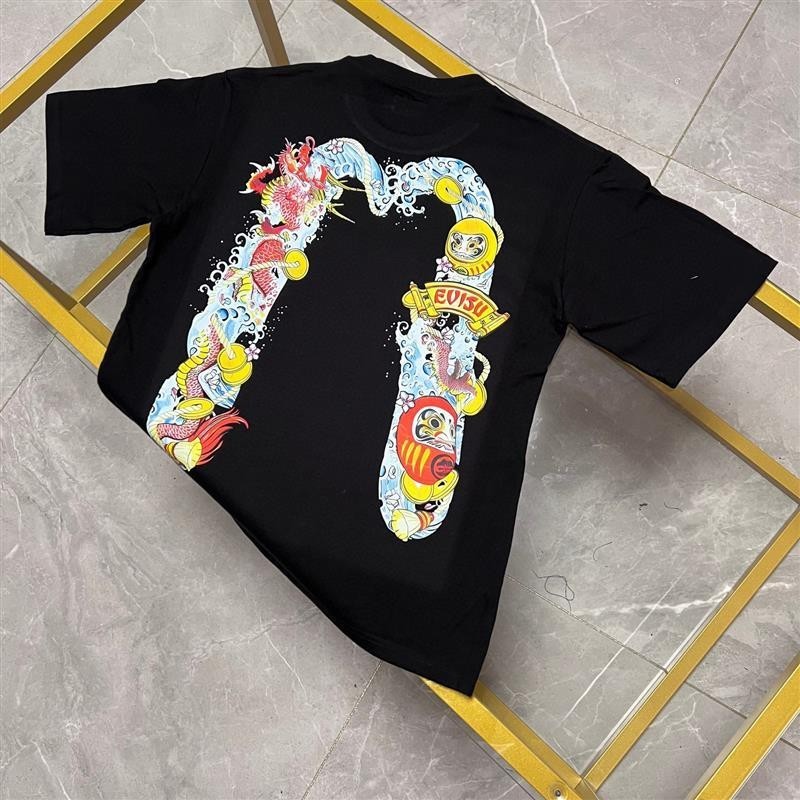 Outlets EVISU 100% Cotton Heavyweight Kaos Boxy Fit T Shirt Unisex Original Kaos Vintage Pria Wanita