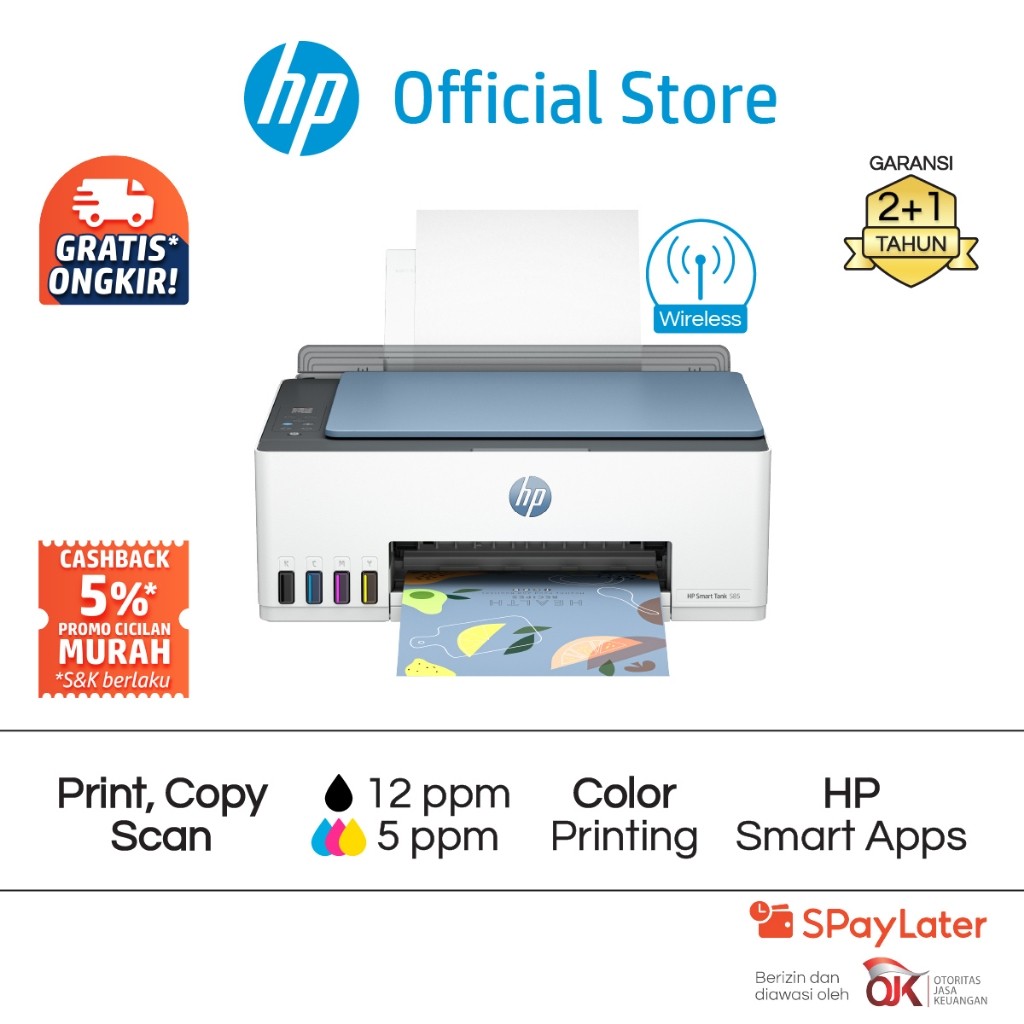 

Printer HP Smart Ink Tank 580 / 585 All In One Print Scan Copy Wifi USB Fotocopy Color Colour Warna Garansi Hingga 3 Tahun Promo Murah Gratis Ongkir Official