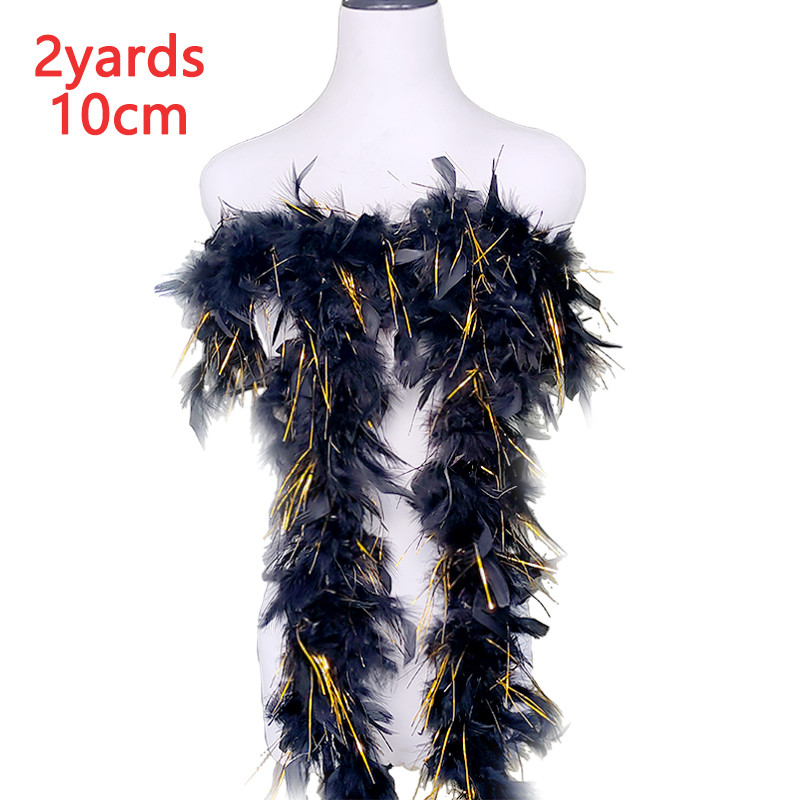 

10cm Black Boa With Feather Golden Ribbon Turkey For Sewing Decoration House Plumas Dress Clothes Tree Crafts Strip 2Yards 40g