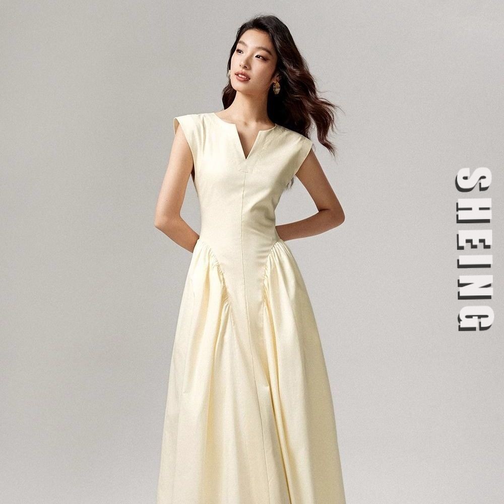 atas gaun panjang tanpa lengan Prancis lembut angin putih V-neck waist dress wanita dress