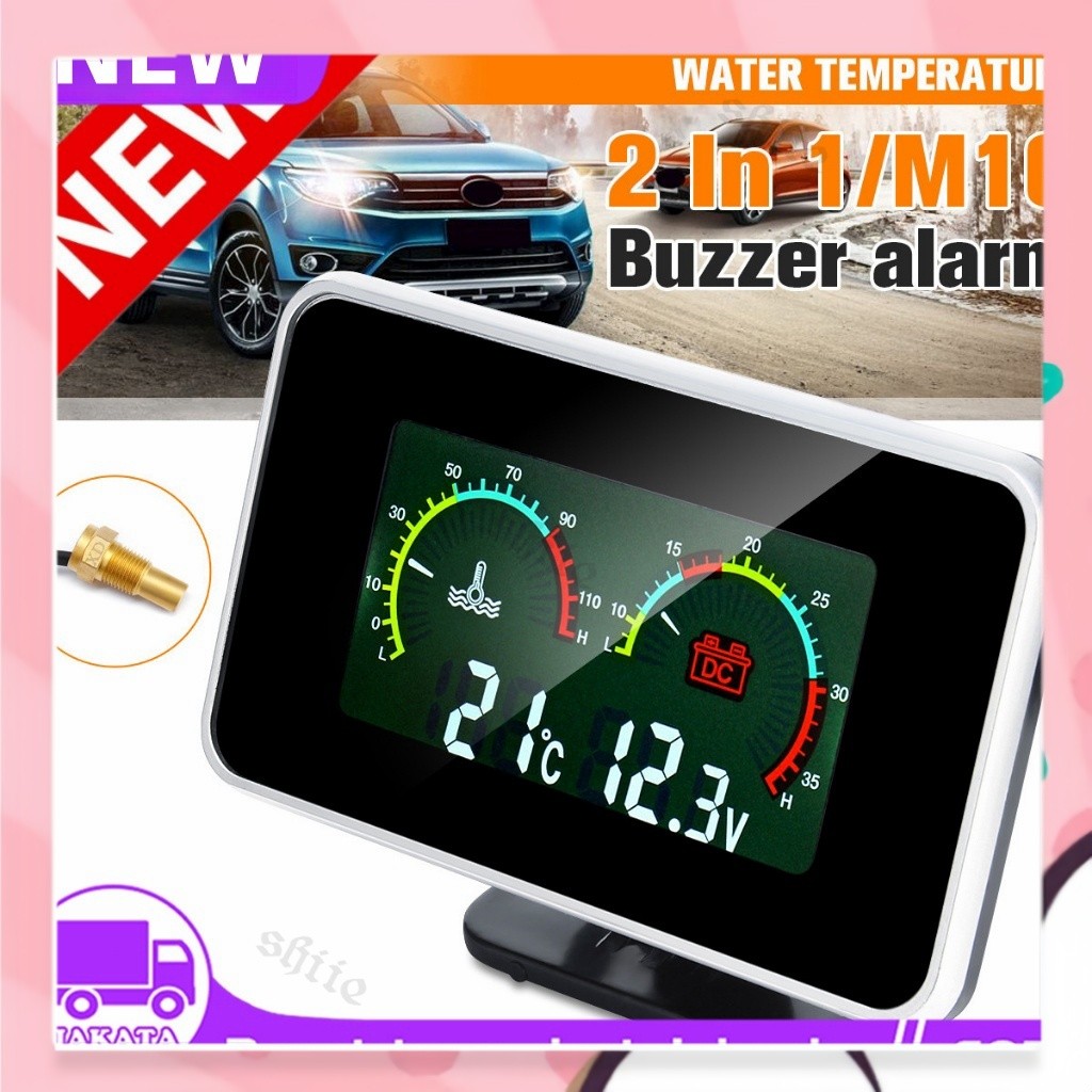 2in1 LCD Digital Water Temperature Thermometer + Voltmeter Mobil Motor Gauge Digital Alarm Buzzer M1