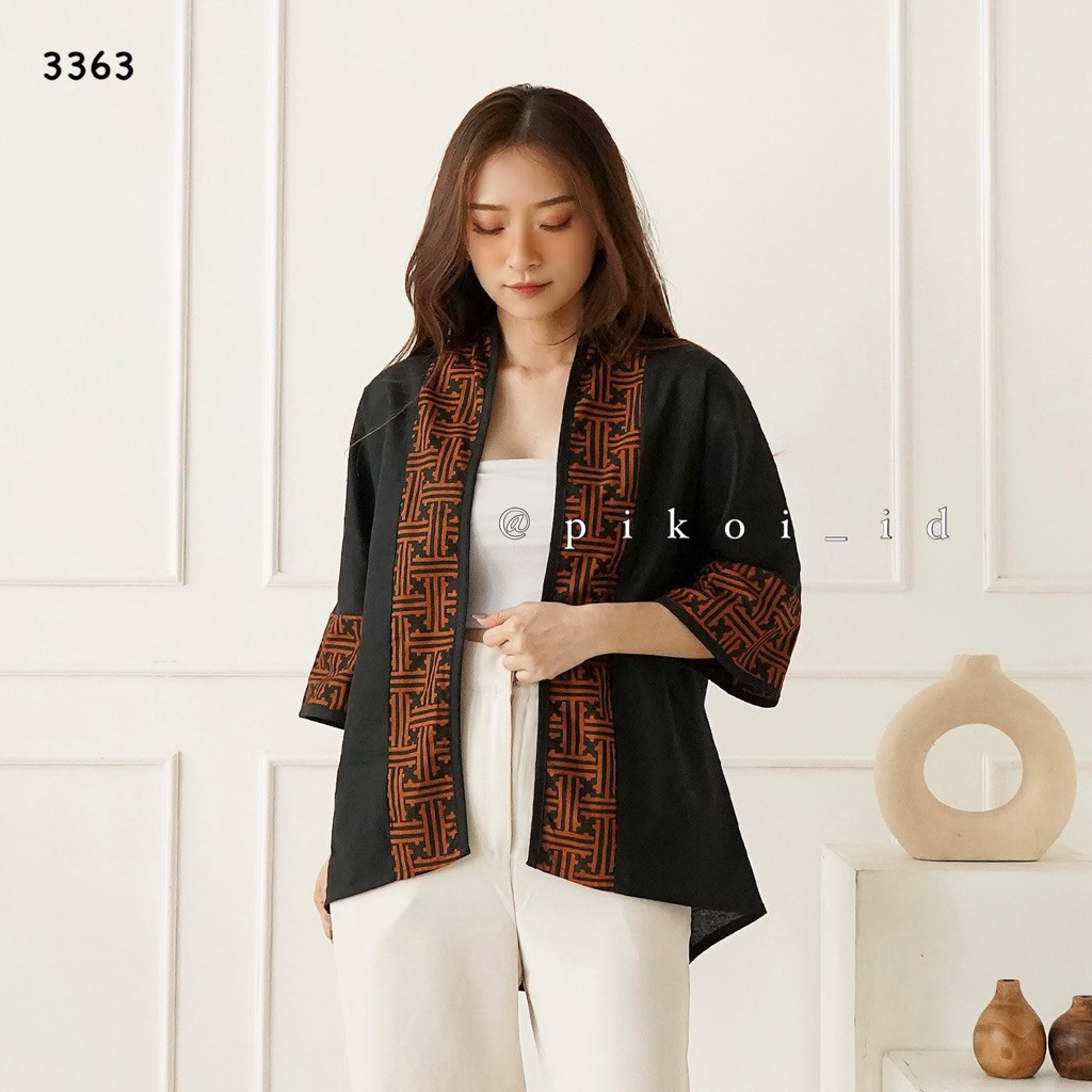 FERNISTYLE Cardigan batik wanita modern katun linen polosan / Outer etnik wanita simple lengan panja