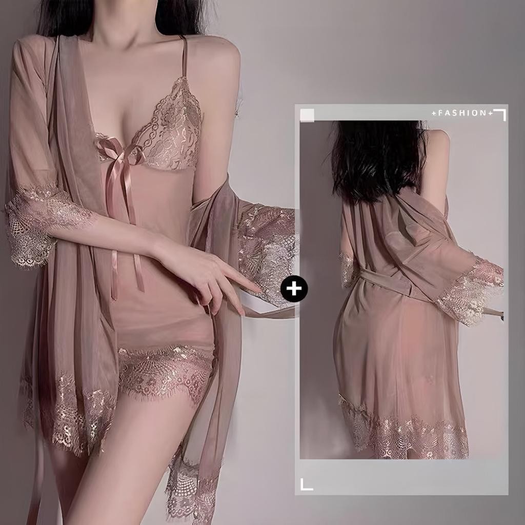 Piyama Lingerie Wanita Sexy Transparan Set Baju Tidur Satin Kimono & Dress Lace 2 in 1 premium