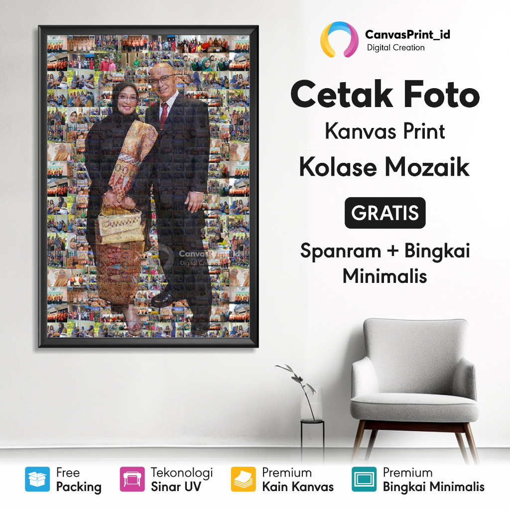 Kolase foto mozaik cetak kanvas Premium Sudah termasuk desain, cetak dan frame/bingkai minimalis mur