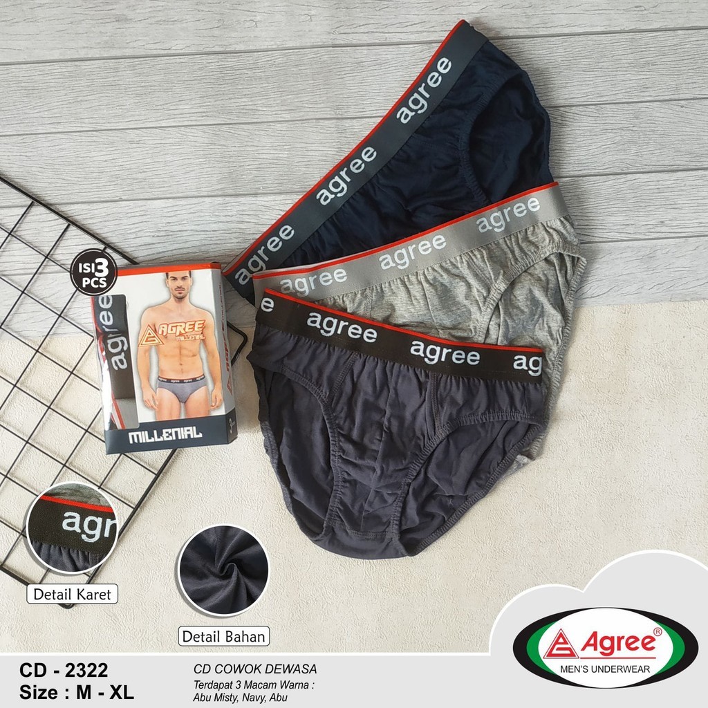 [ 3 PCS ] Celana Dalam Agree Millenial 2322 M-XXL Pria Dewasa | CD Agree Karet Boxer Pria Katun Adem