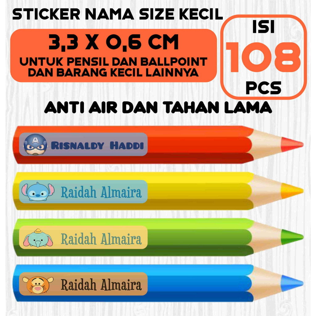 Stiker Label Nama Anak Custom Small Size isi 108 pcs Waterproof Tahan Air Untuk Barang Buku Pensil B