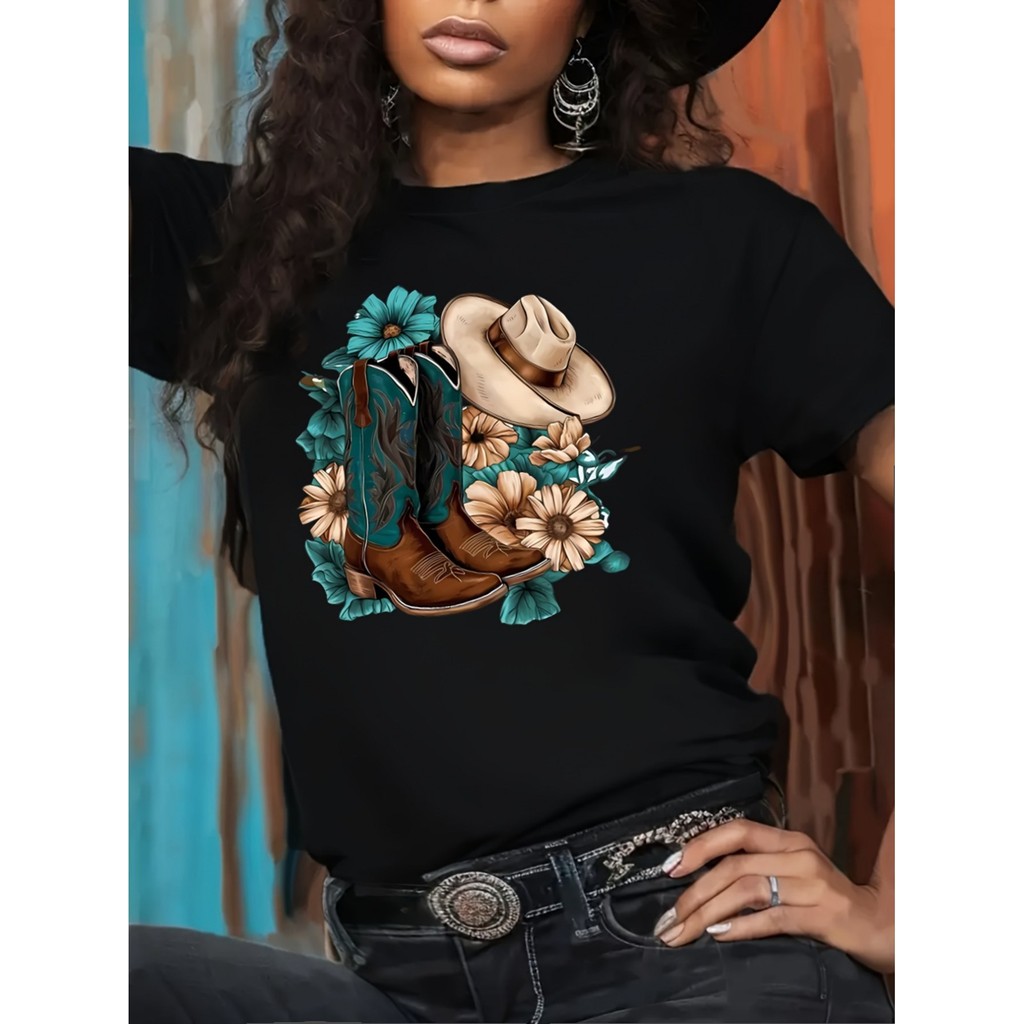 1pc Kaos Grafis Wanita dengan Topi Boot Koboi Barat, Kain Santai, Leher Bulat, Lengan Pendek untuk S
