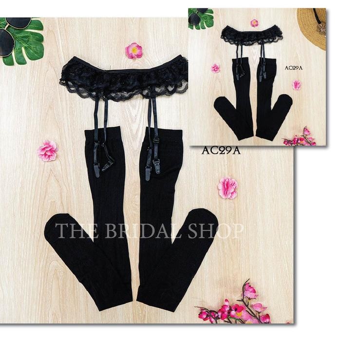 Lingerie Set Garter Belt + Stocking Hitam Brokat Stretch Premium AC29A