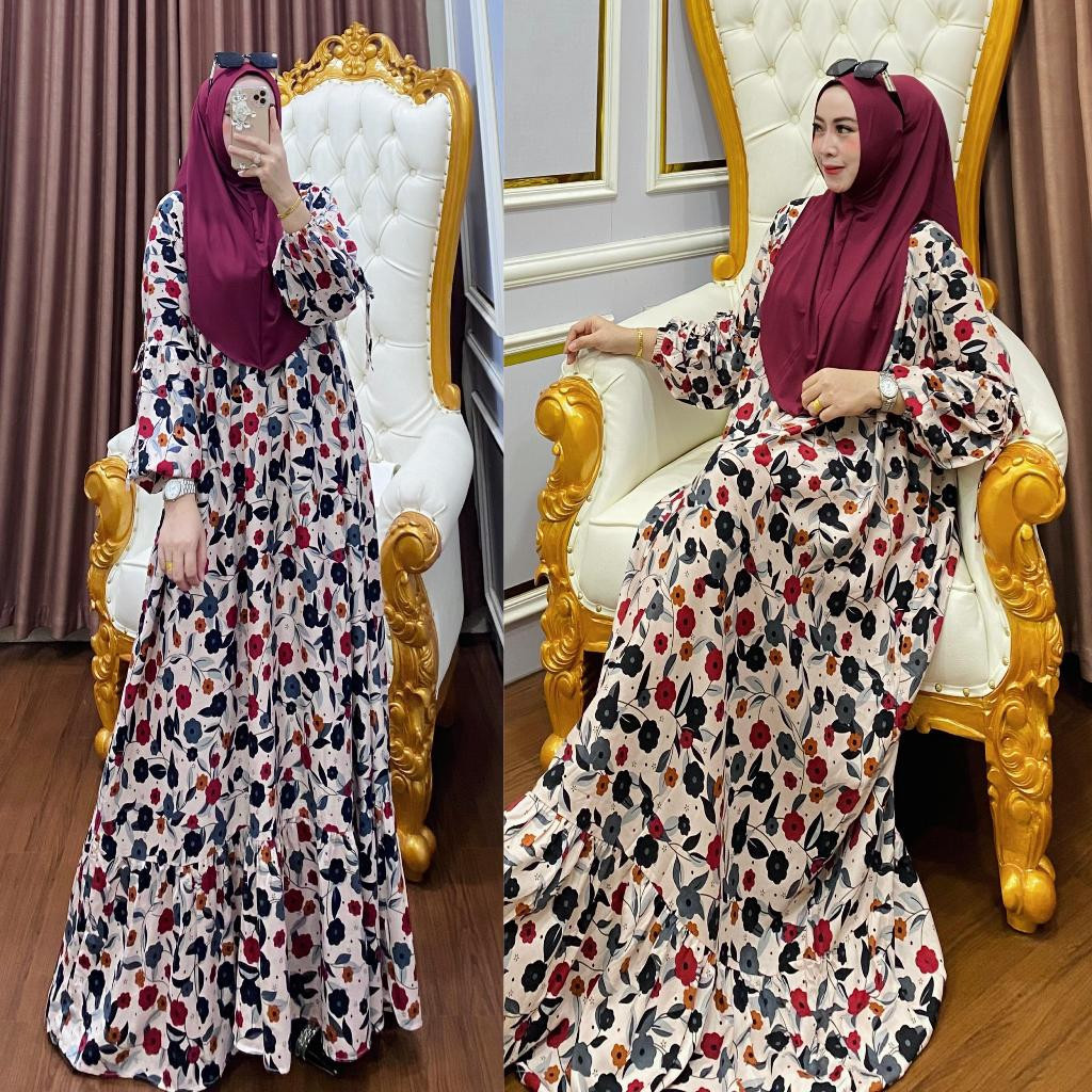 Khumaira Gamis Set Hijab Dress Motif Wanita Syari Bahan Rayon Premium Busui By Siseven
