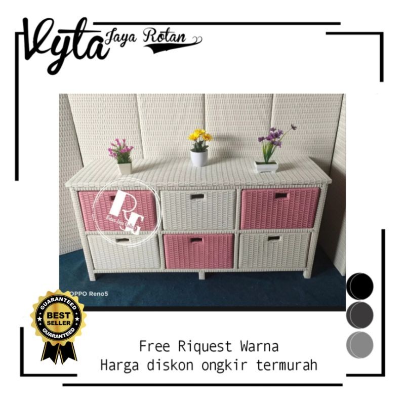 JANGANLIRIK (READY STOCK) meja TV lemari laci rotan sintetis 6 laci