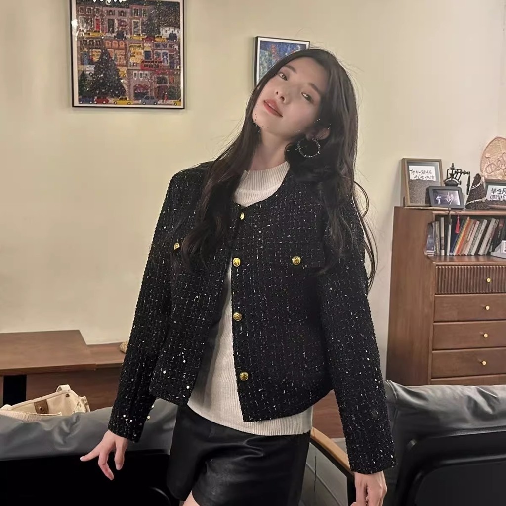 outer hitam crop top lengan panjang kondangan wanita kekinian korean style lebaran 2025 tweed blazer