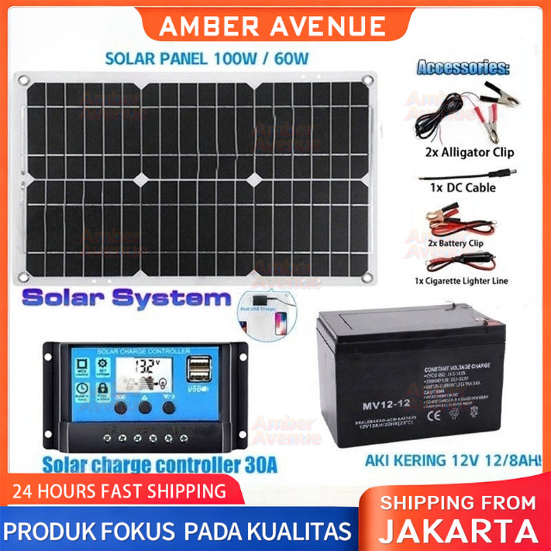 60W-100W Panel Surya Solar Panel + Aki sprayer elektrik 12V12Ah Mono Panel Kristal Mono Panel Surya 