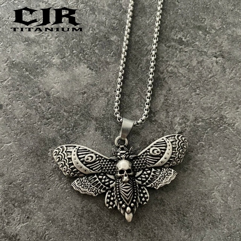BUTTERFLY SKULL NECKLACE-KALUNG TITANIUM SILVER STAINLESS STEEL LIONTIN TENGKORAK KUPU KUPU -PRIA WA