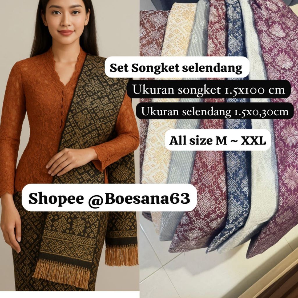 LAPAKSHOP Songket Selendang Set Kebaya Palembang Rumbay Padang Lilit Selendang