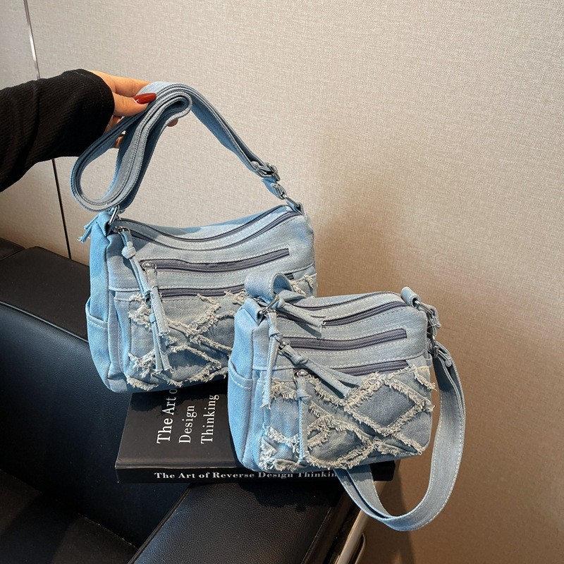 New Washed Soft Denim Bag for Women, Patchwork Crossbody Bag