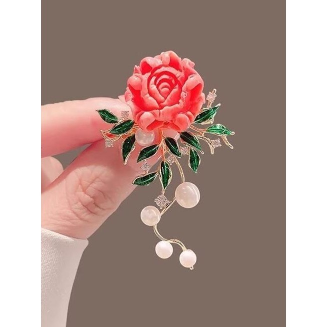 Bros Wanita Lianhua Bunga Mawar Mutiara Daun Enamel Hijau Elegan Klasik Oriental Alloy Aksesoris Hij
