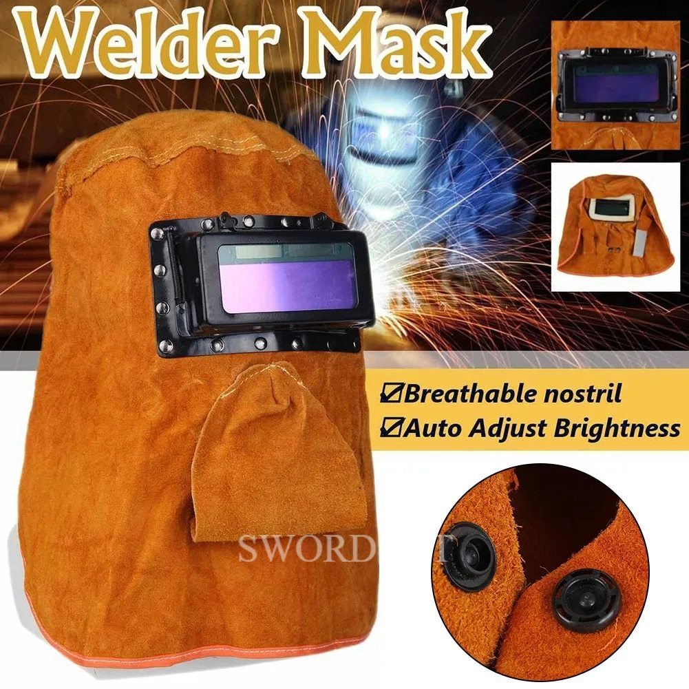 Kedok Las Kulit Sapi Topeng Otomatis Kap Welding Lubang Bernafas Masker Helm Kacamata Peredupan Lens