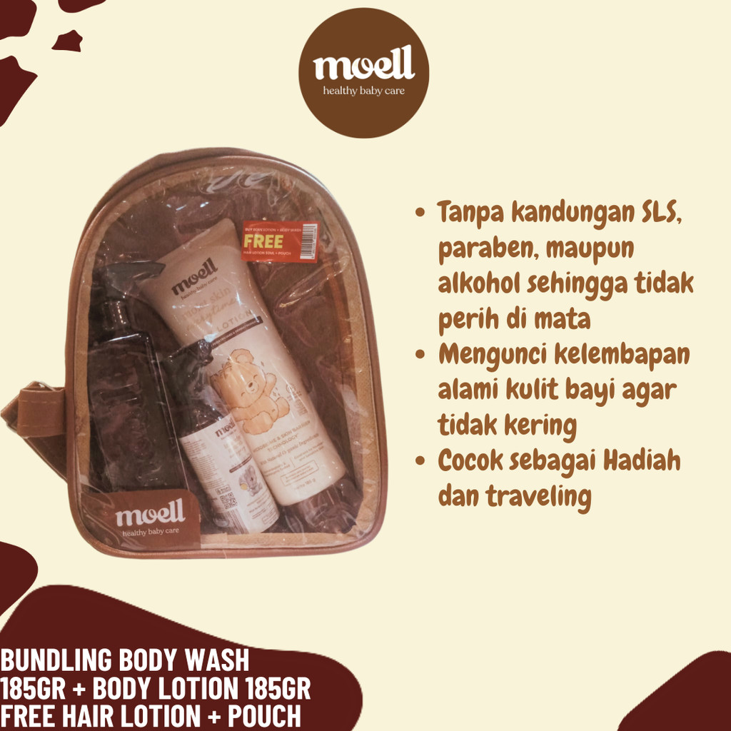 Moell Bundling Body Wash 185gr + Body Lotion 185gr Free Hair Lotion + Pouch - Set Buddle Lotion Bayi