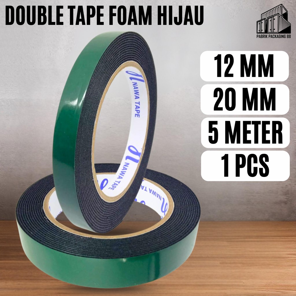 

Double Tape Foam Hijau 1/2” 1" Inch 12MM 20MM 5M Isolasi Bolak Balik Tape Perekat Busa Dua Sisi