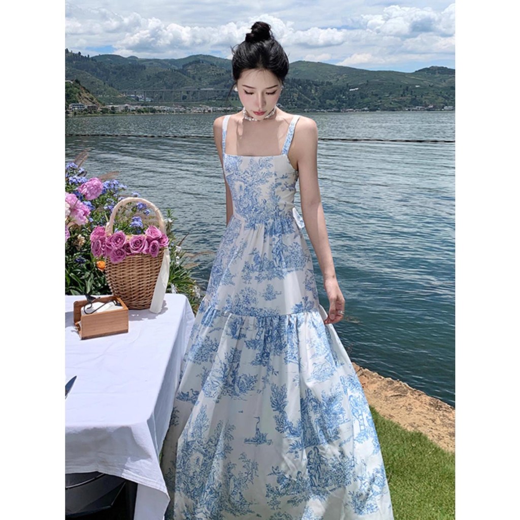 25028 long dress biru muda korean style blue dress bunga bunga pantai  wanita terbaru elegant casual