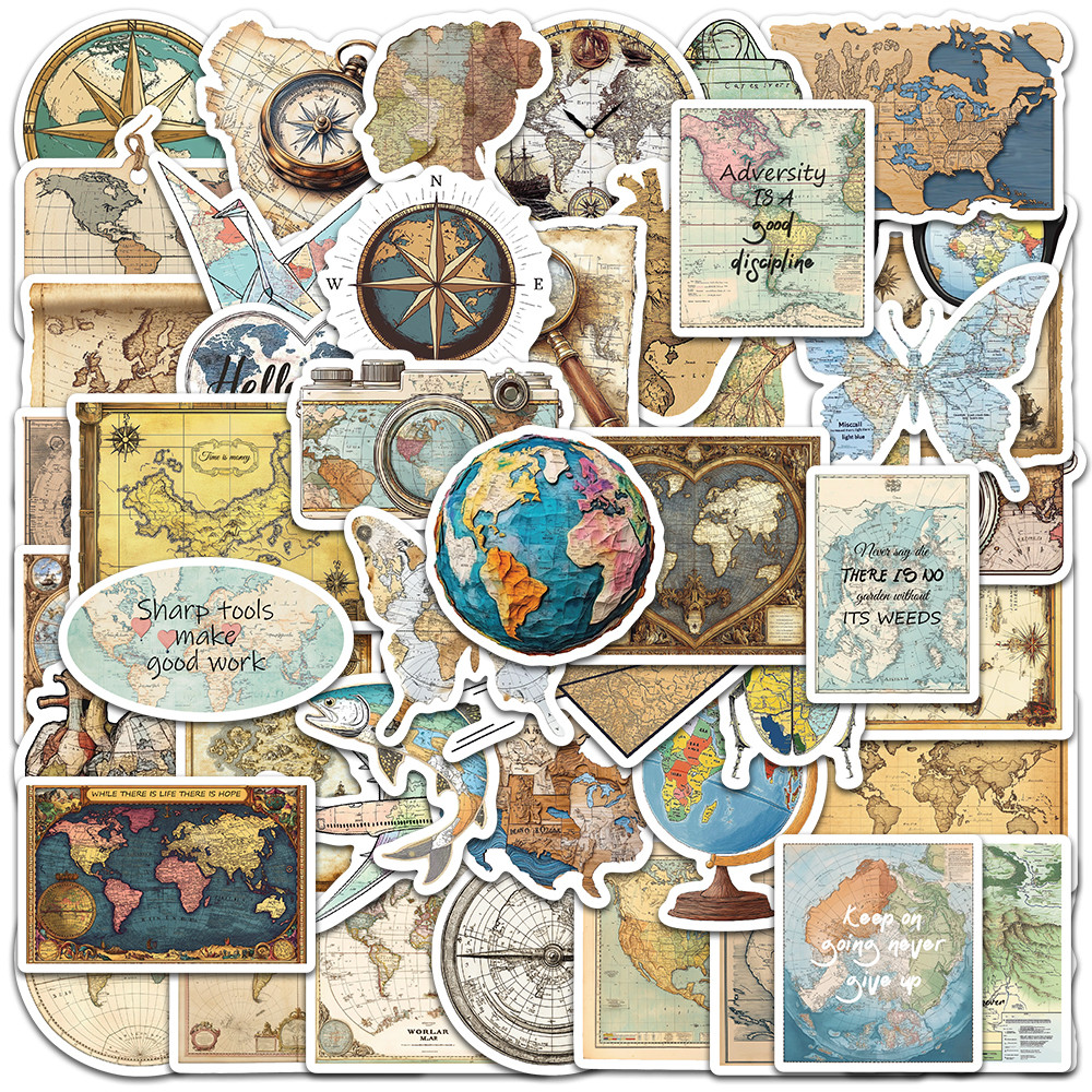 

50pcs Retro Aesthetic Maps Stickers Waterproof Graffiti For Luggage Guitar Phone Laptop Skateboard Bicycle Vinyl Decals