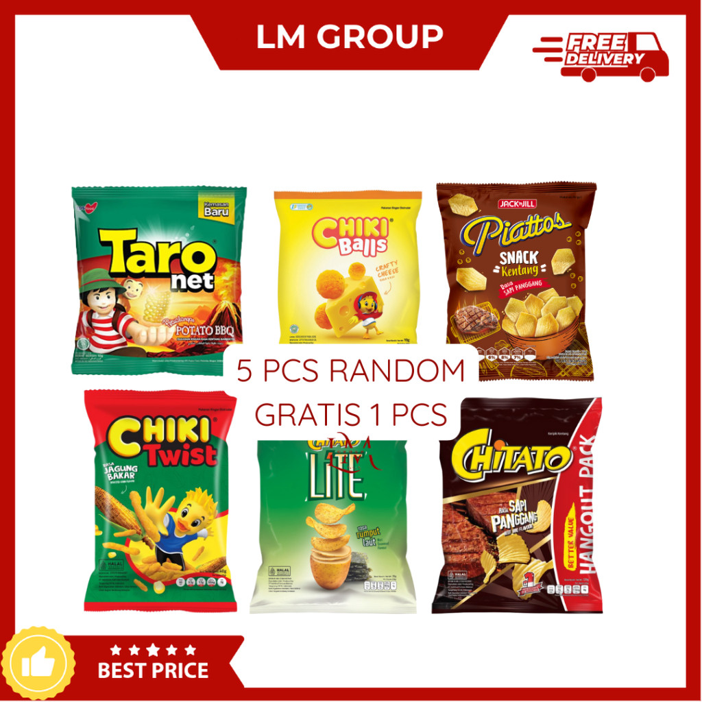 

[5 PCS GRATIS 1 PCS] Chiki Ciki Taro/Chitato/Piattos/Chiki Twist/Chiki Balls/Potato Q Cemilan LM Snack Grosir