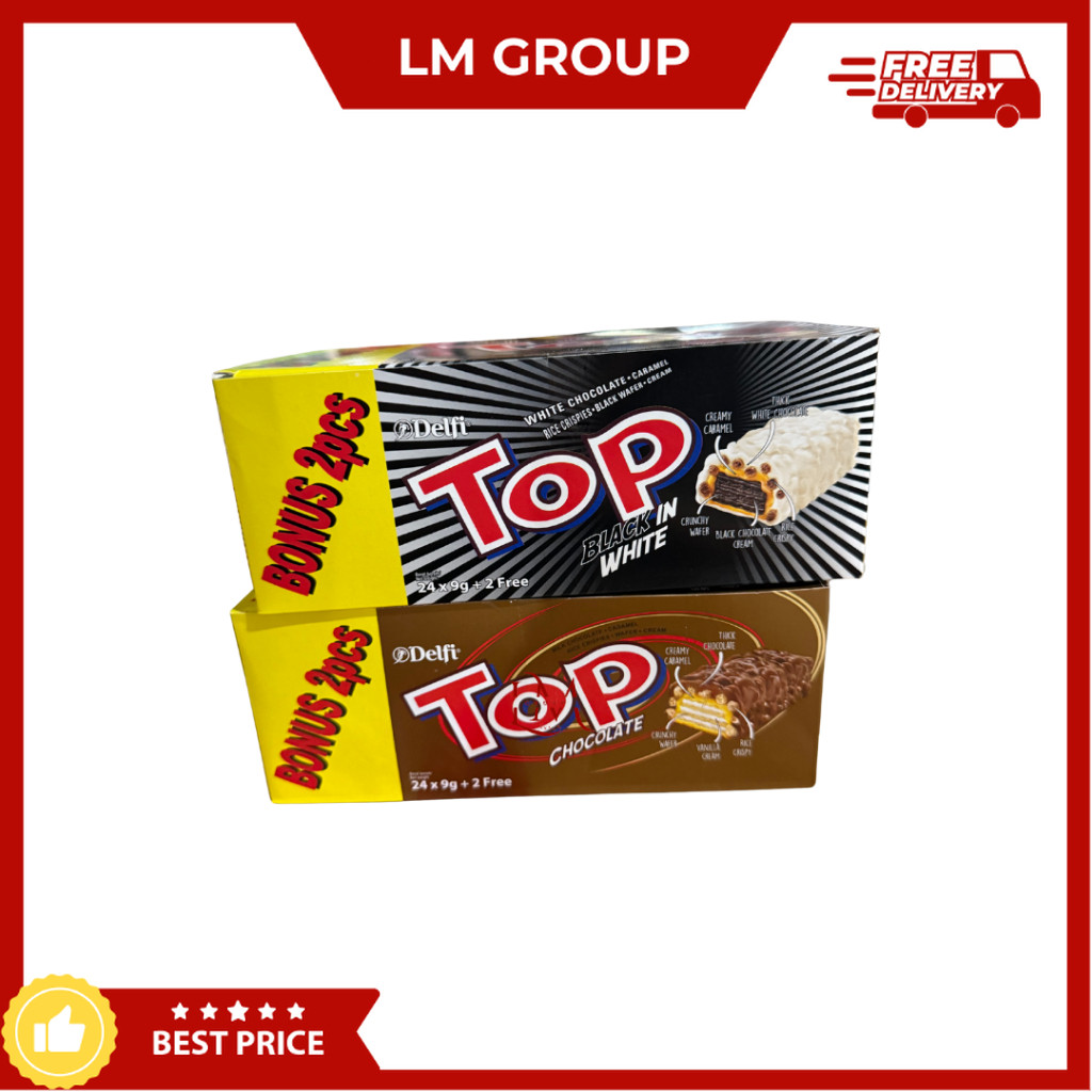 

[5 BOX LEBIH HEMAT] Delfi Top Wafer Rasa Black in White/Coklat/Stroberi isi 24+2 pcs x 9gr Cemilan LM Snack Grosir