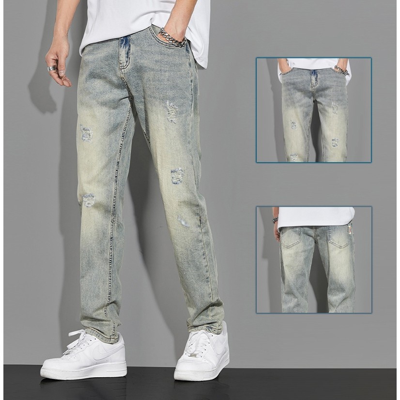 Celana Jeans Pria Slim Fit Strech Premium Sobek Retro Biru Standar Original Korean Style Cowok Denim